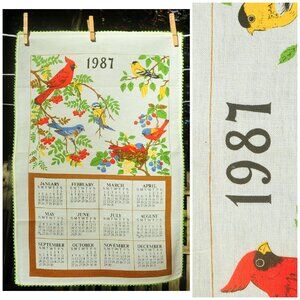 VTG 1987 Summer Garden Songbirds on Branches Calendar Towel Crochet Edge Hostess